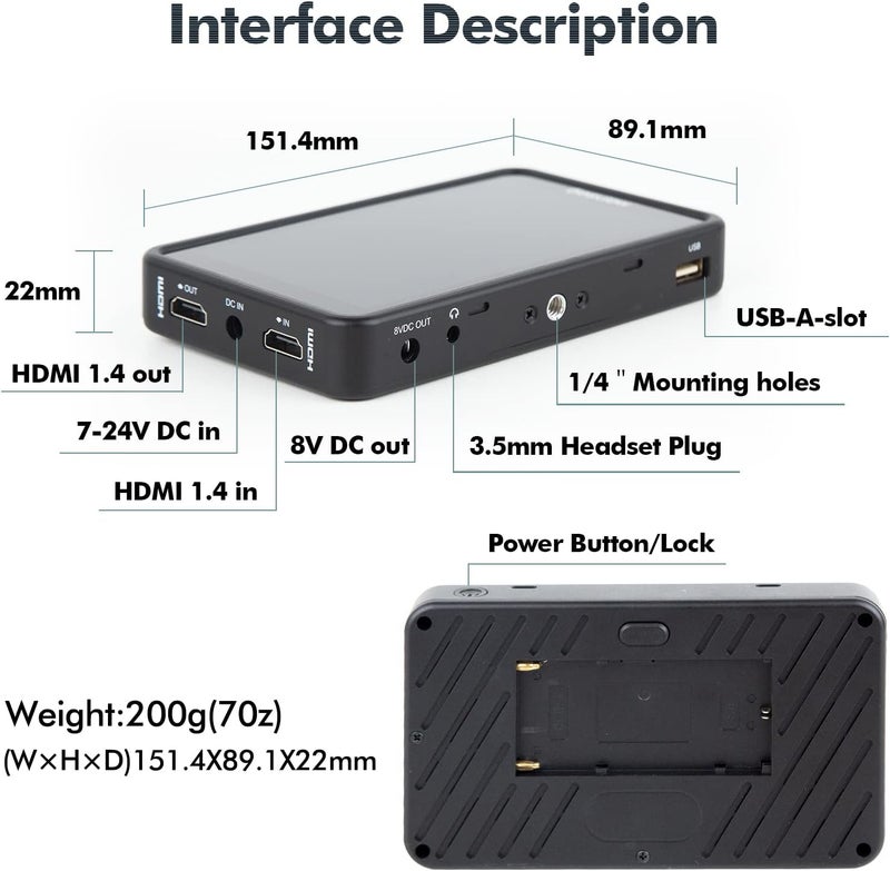 Desview R5II 5.5-inch Camera Field Monitor 4K HDMI 800nit HDR Support LUTFalse Color - for Sony/Canon DSLR Film Making Video Production - Image 2